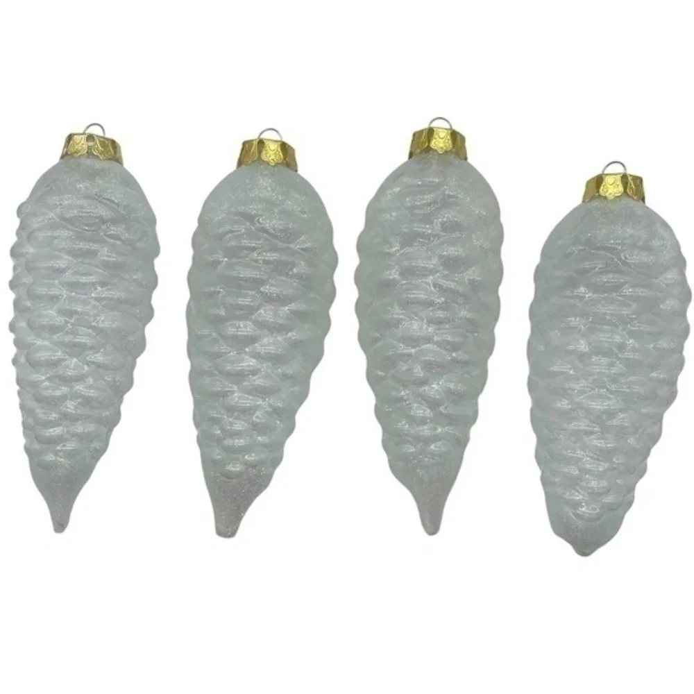 Vintage Frosted Glittery Pine Cone Ornaments Hand Blown Set of 4